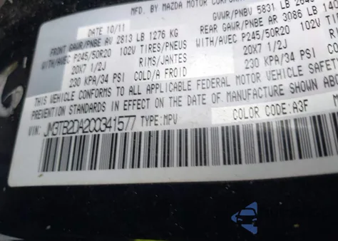 2012 Mazda Cx-9 Grand Touring z USA, uszkodzony, nr VIN JM3TB2DA2C0341577